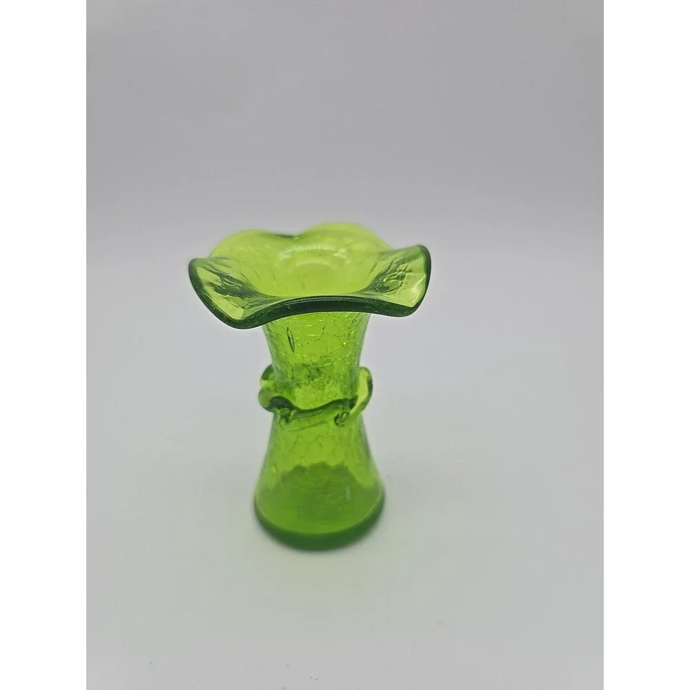 Vintage Green Crackle Glass Wavy Rim Vase